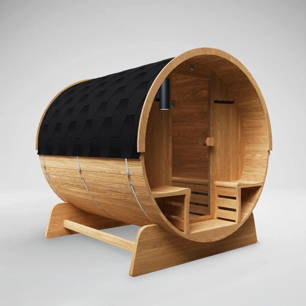 Liatris Rustic Cedar Barrel Sauna with Front Porch Canopy - 5 - 6 Person - Core Fitness House