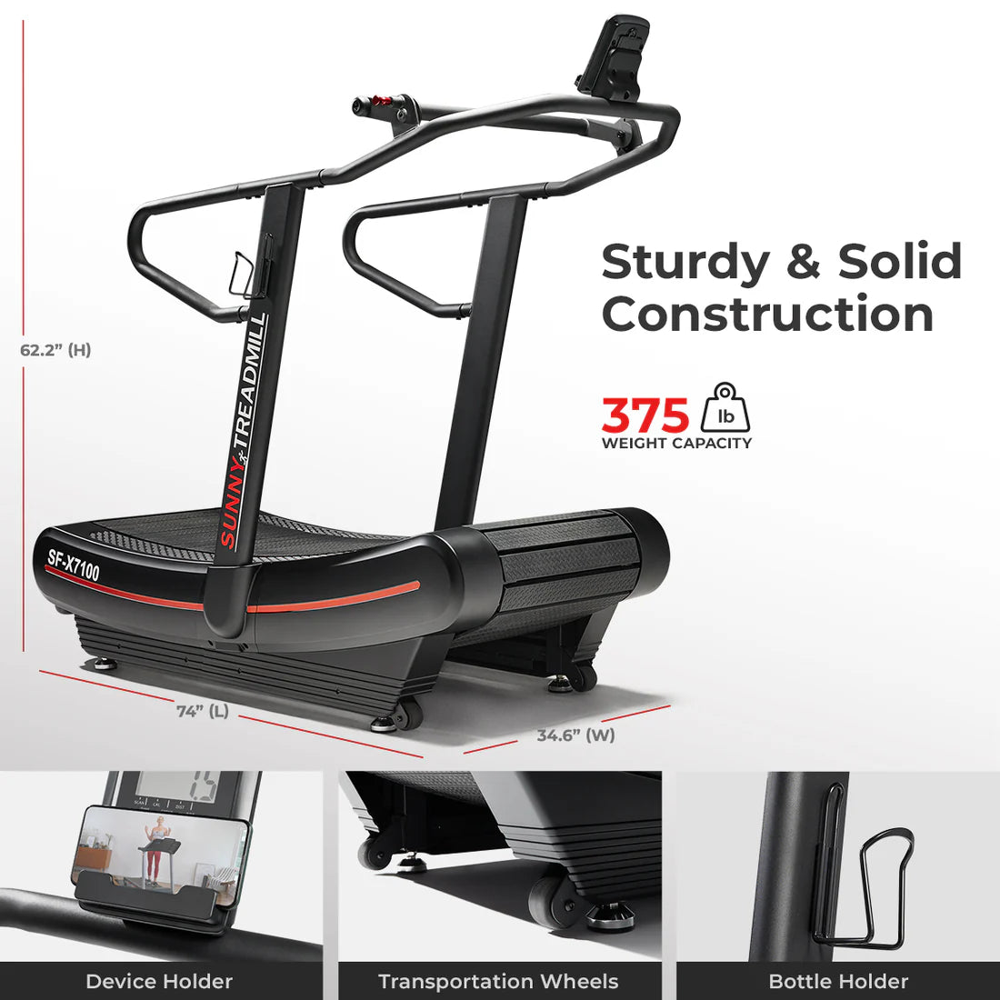 Sunny Health and Fitness Commercial Level Ergonomic Manual Treadmill