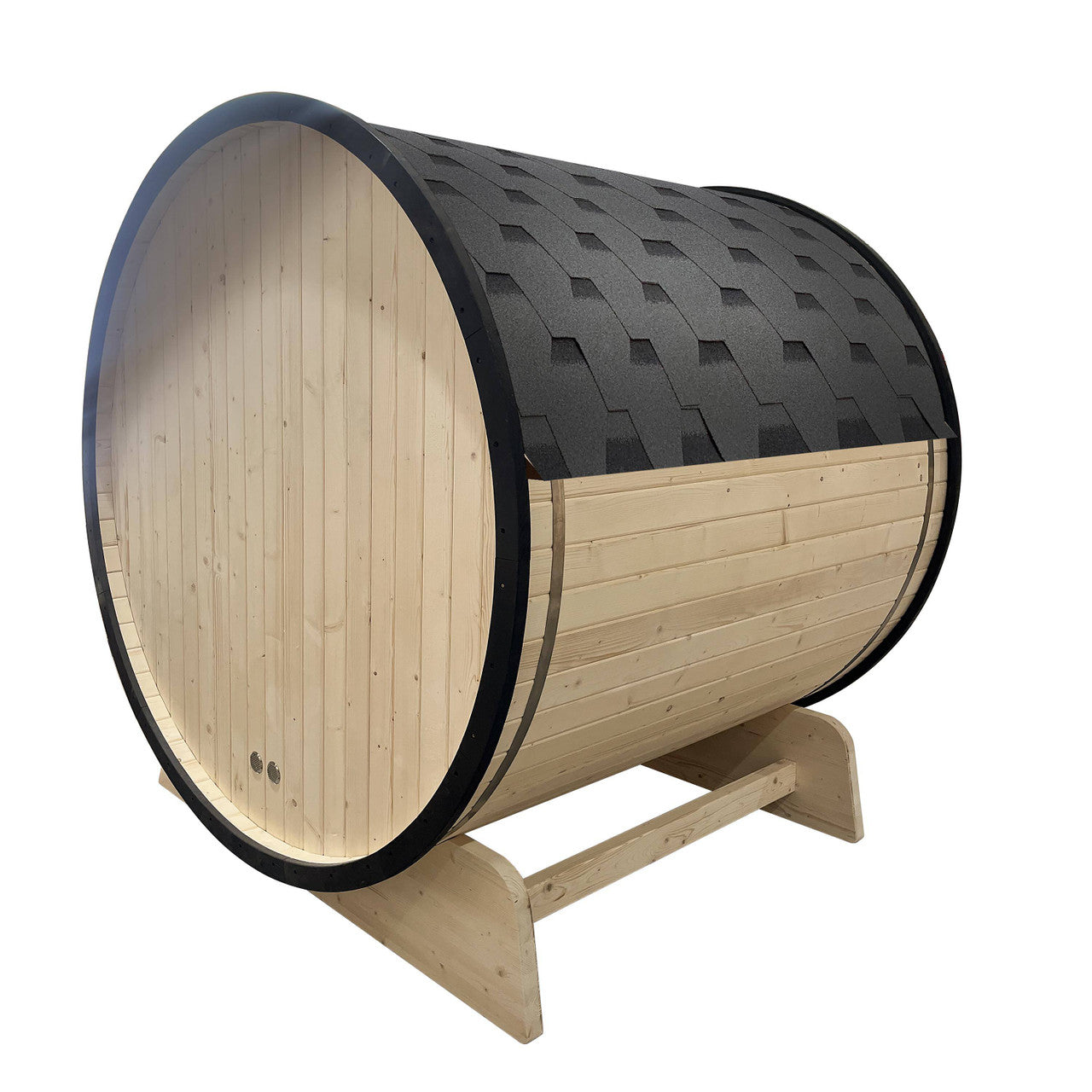 Outdoor White Finland Pine Traditional Barrel Sauna with Black Accents & Front Porch Canopy - 3-5 Person Capacity