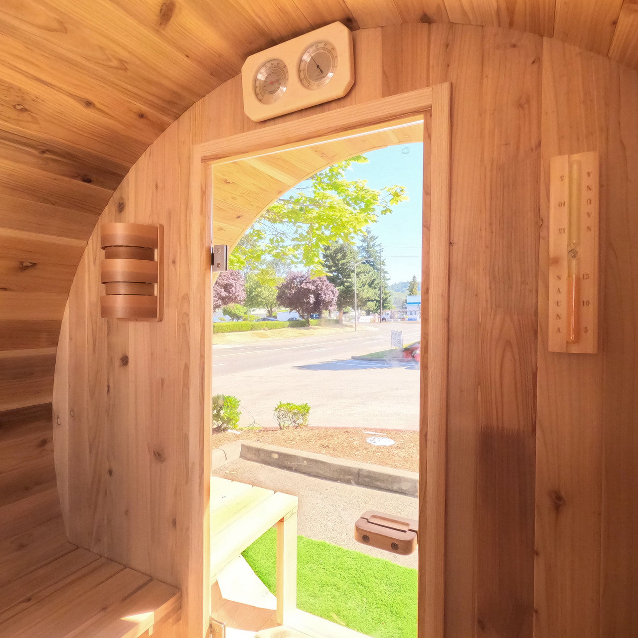 Outdoor/Indoor Red Cedar Wet/Dry Barrel Sauna - Front Porch Canopy with Panoramic View - Bitumen Shingle Roofing - 8 kW UL Certified KIP Harvia Heater - 6-8 Person