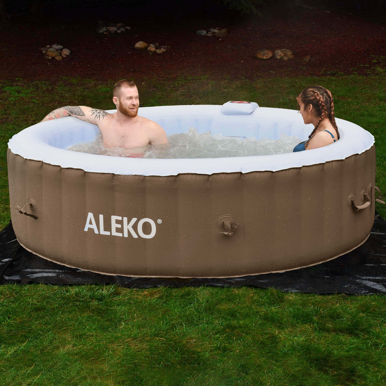 Round Inflatable Jetted Hot Tub with Cover - 6 Person - 265 Gallon - Brown and White