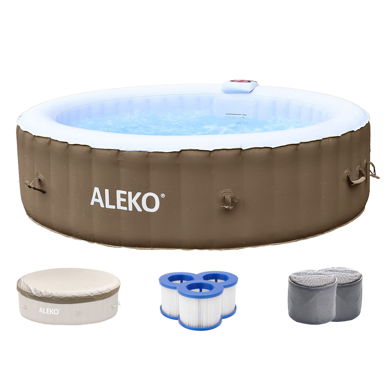 Round Inflatable Jetted Hot Tub with Cover - 6 Person - 265 Gallon - Brown