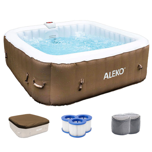 Square Inflatable Jetted Hot Tub with Cover - 6 Person - 250 Gallon - Brown and White