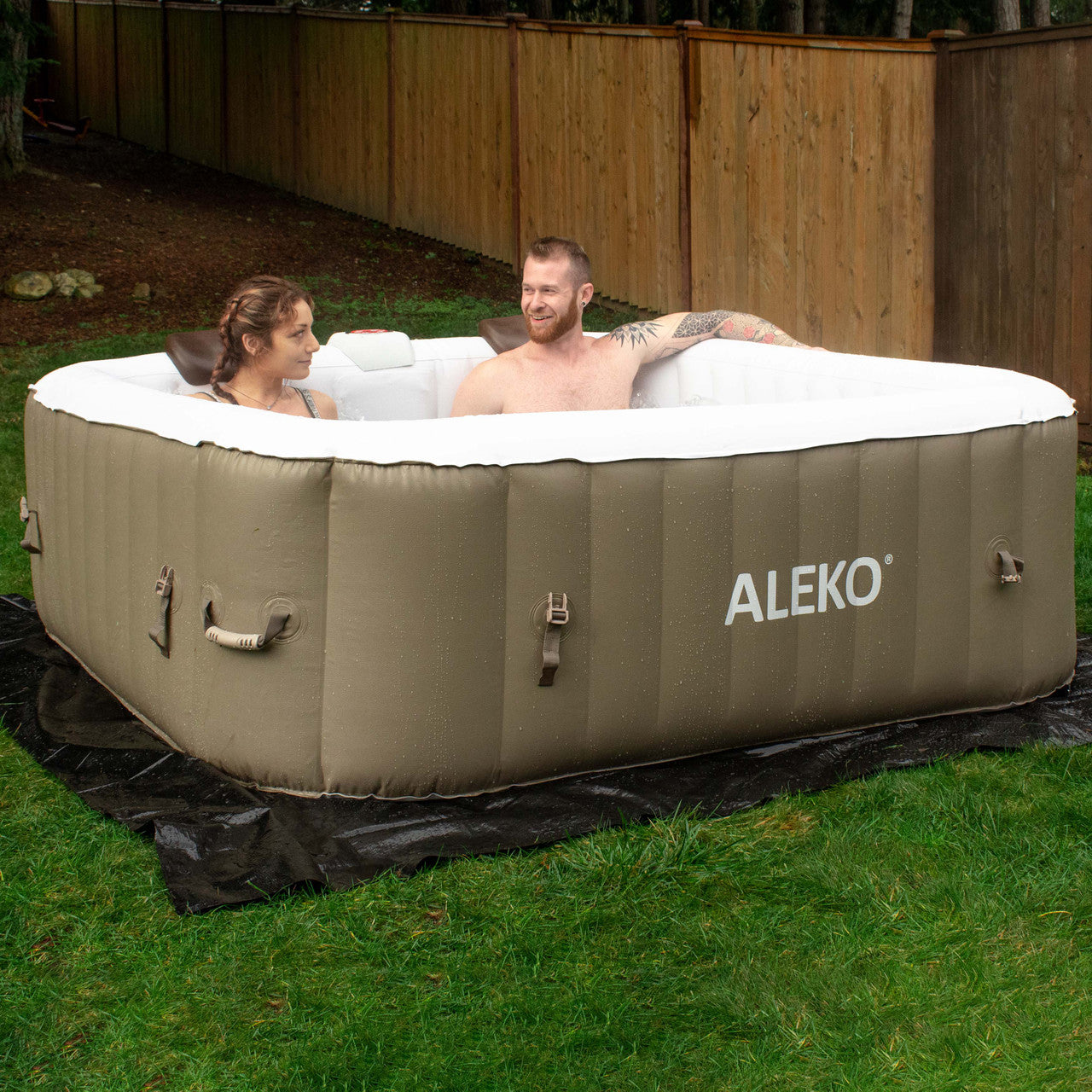 Square Inflatable Jetted Hot Tub with Cover - 6 Person - 250 Gallon - Brown and White