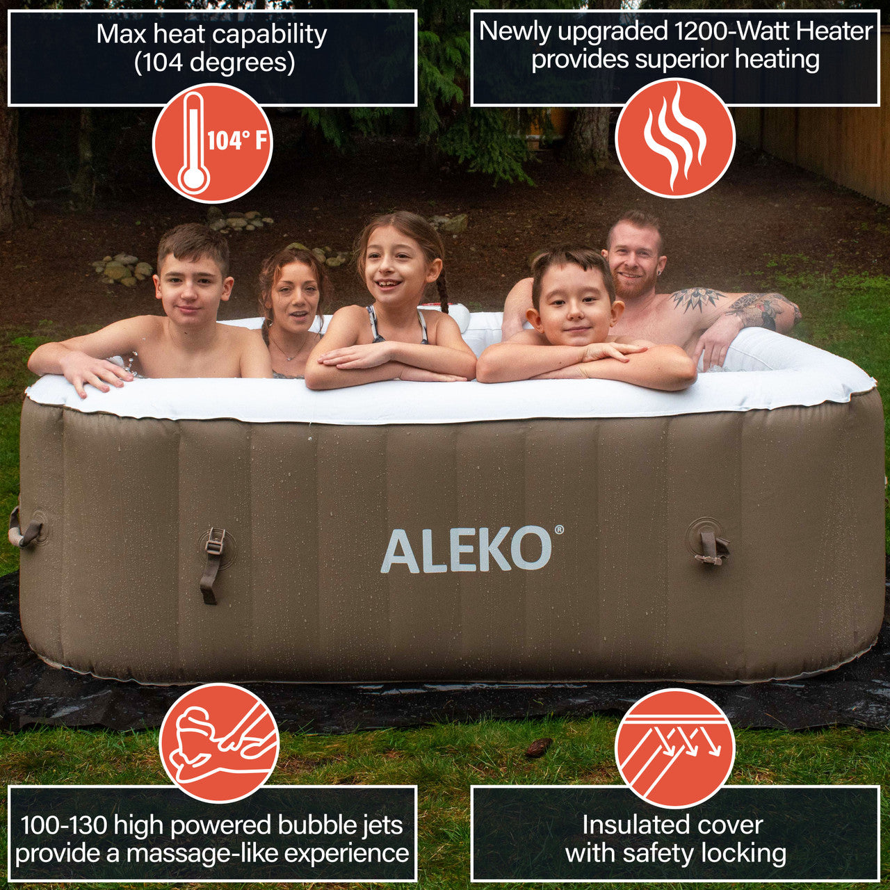 Square Inflatable Jetted Hot Tub with Cover - 6 Person - 250 Gallon - Brown and White