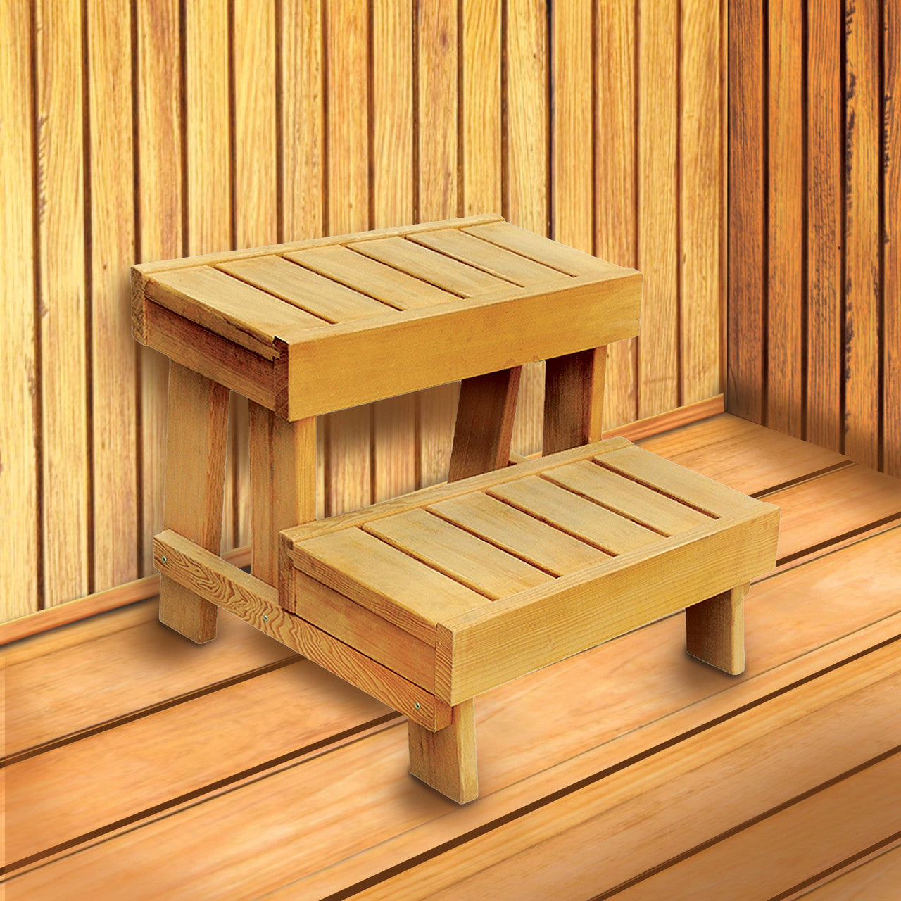 Hemlock Wood Sauna Step Stool, Bench, and Storage Shelf