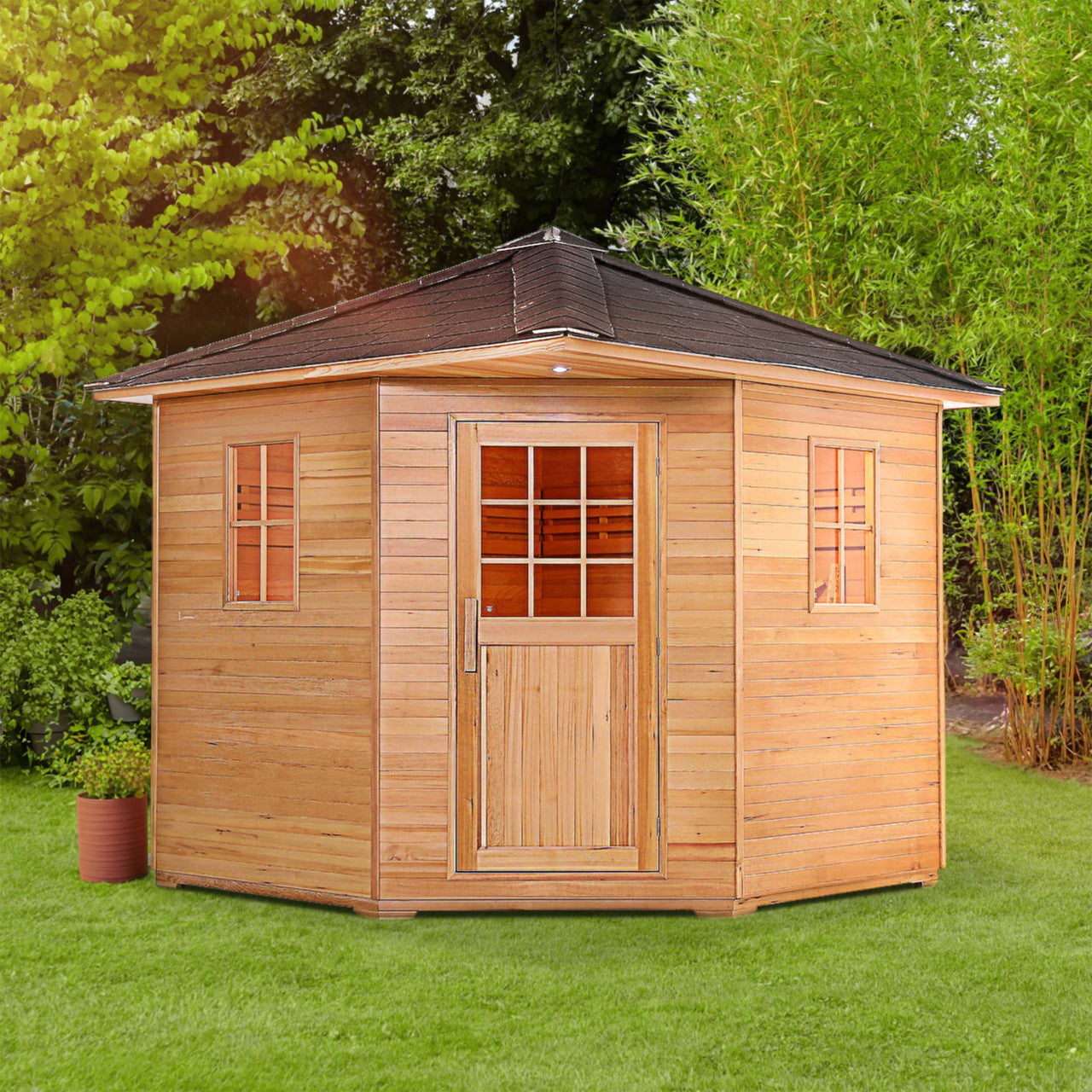 Canadian Hemlock Wet Dry Outdoor Sauna with Asphalt Roof - 8 kW UL Certified Heater - 8 Person