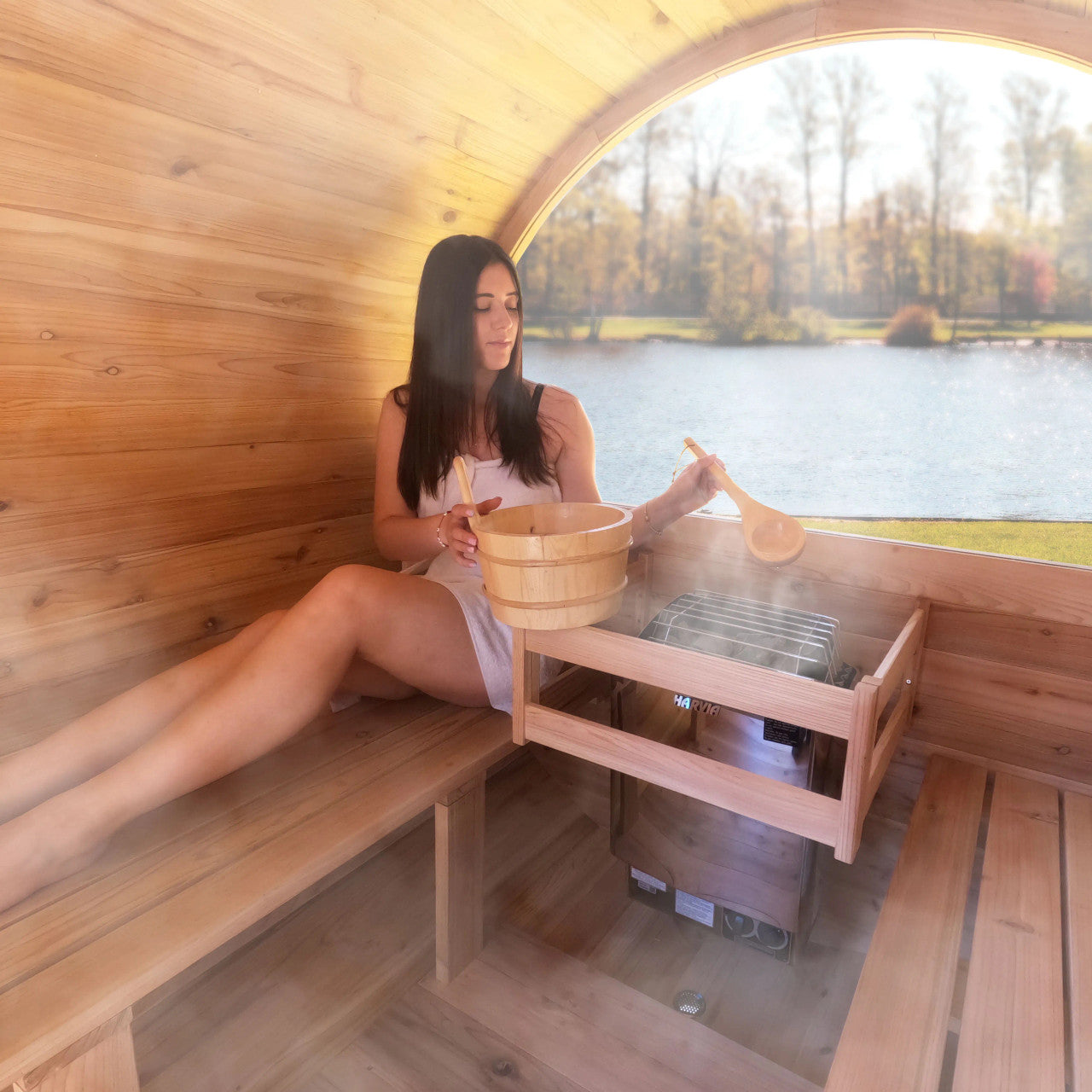 Red Cedar Barrel Sauna with Panoramic Window - 8 kW UL Certified KIP Harvia Heater - 6-8 Person