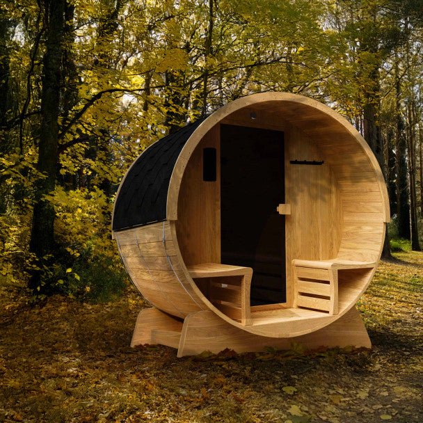 Liatris Rustic Cedar Barrel Sauna with Front Porch Canopy - 5 - 6 Person - Core Fitness House