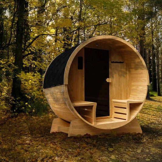 Liatris Rustic Cedar Barrel Sauna with Front Porch Canopy - 5 - 6 Person - Core Fitness House