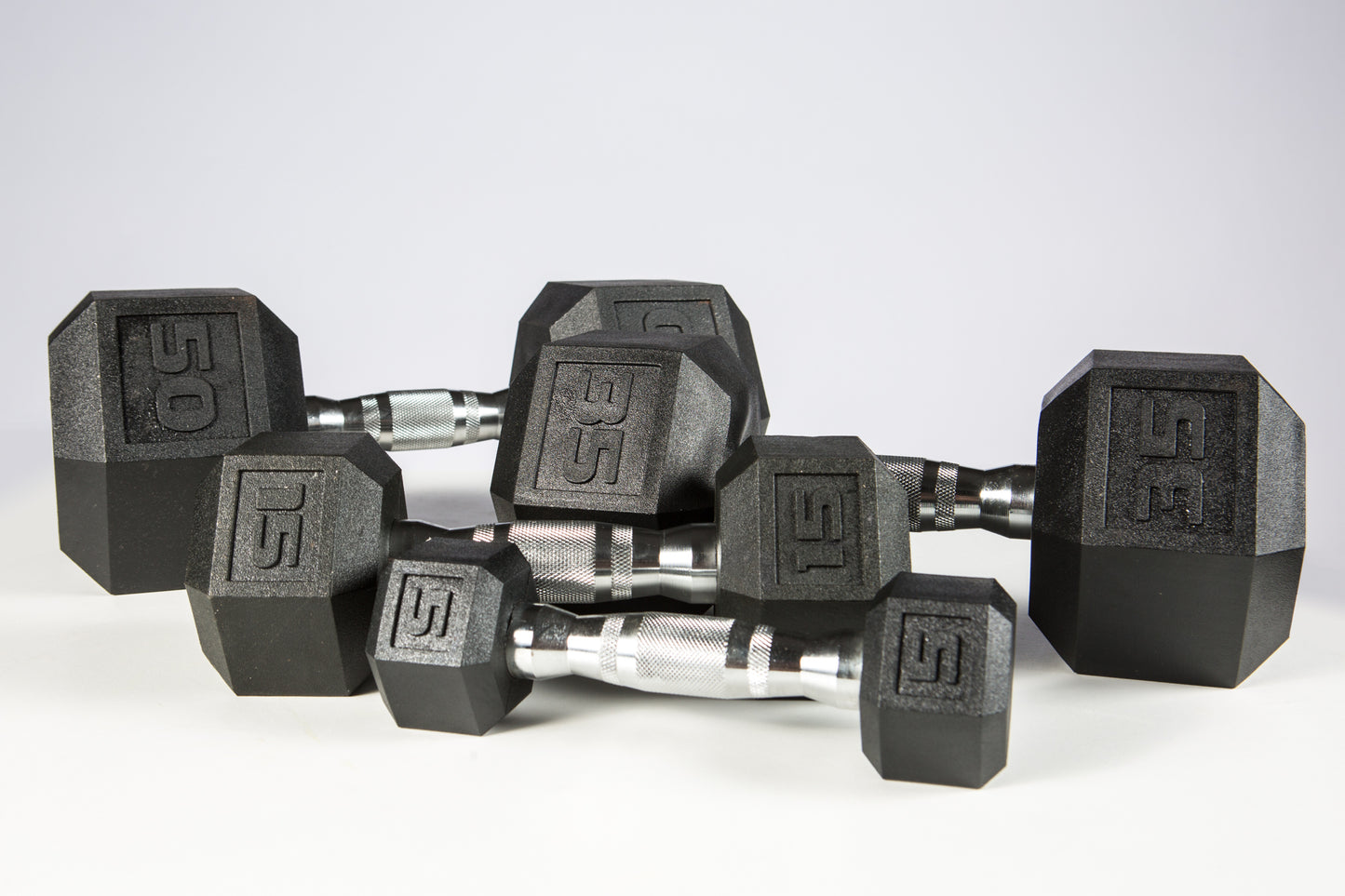 5-50lb York PVC Hex Dumbbell – Chrome Ergo Handle – SET