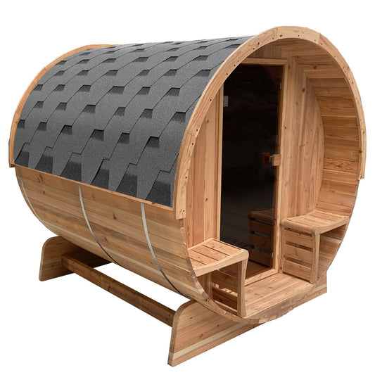 Outdoor Rustic Cedar Barrel Steam Sauna - Front Porch Canopy - UL Certified - 3-4 Person