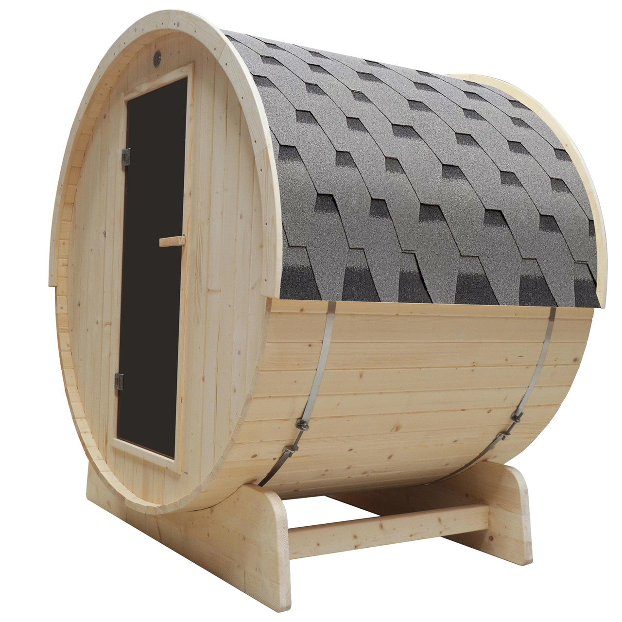 Outdoor and Indoor White Pine Barrel Sauna - 3-4 Person - 4.5 kW UL Certified Heater - Bitumen Shingle Roofing