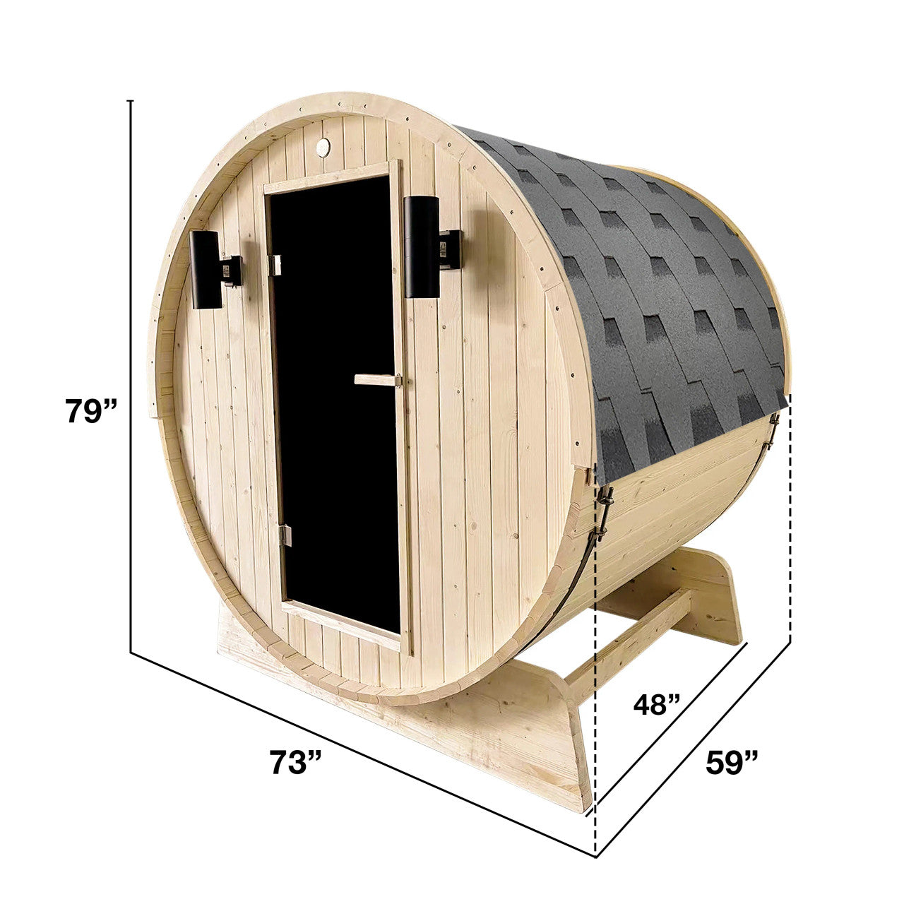 Outdoor and Indoor White Pine Barrel Sauna - 3-4 Person - 4.5 kW UL Certified Heater - Bitumen Shingle Roofing