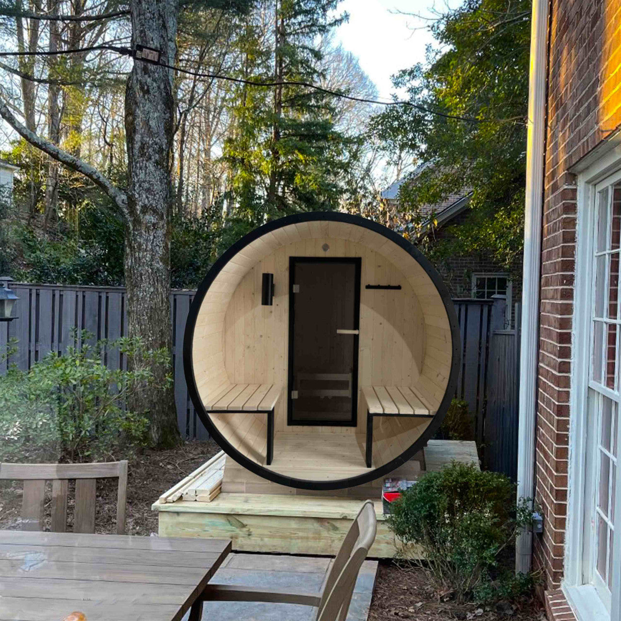 Outdoor White Finland Pine Traditional Barrel Sauna with Black Accents & Front Porch Canopy - 3-5 Person Capacity