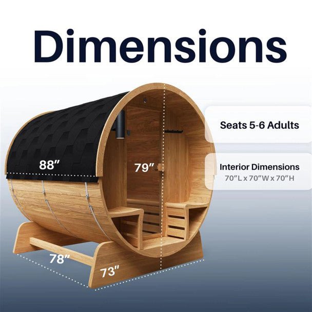 Liatris Rustic Cedar Barrel Sauna with Front Porch Canopy - 5 - 6 Person - Core Fitness House