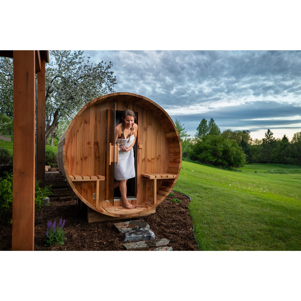 Outdoor/Indoor Red Cedar Wet/Dry Barrel Sauna - Front Porch Canopy with Panoramic View - Bitumen Shingle Roofing - 8 kW UL Certified KIP Harvia Heater - 6-8 Person