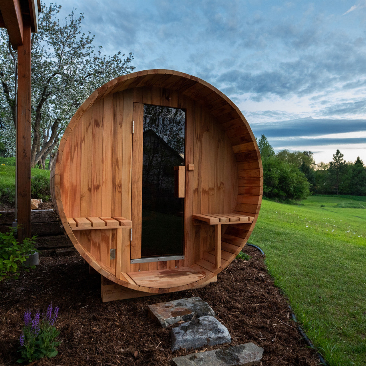 Outdoor/Indoor Red Cedar Wet/Dry Barrel Sauna - Front Porch Canopy with Panoramic View - Bitumen Shingle Roofing - 8 kW UL Certified KIP Harvia Heater - 6-8 Person