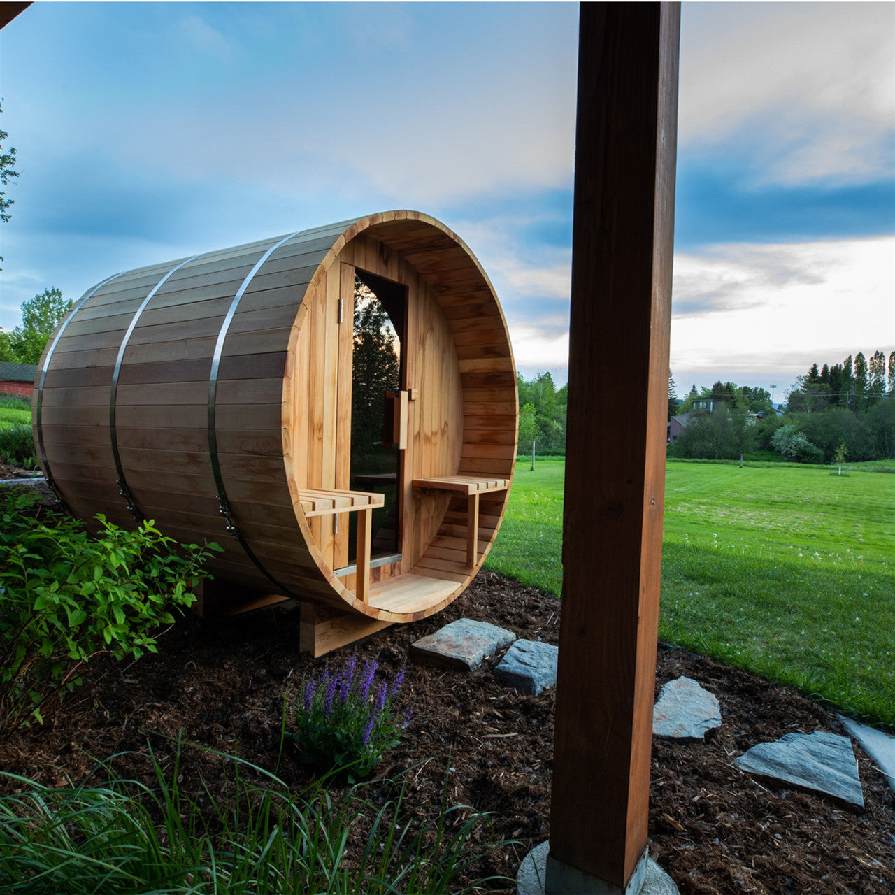 Outdoor/Indoor Red Cedar Wet/Dry Barrel Sauna - Front Porch Canopy with Panoramic View - Bitumen Shingle Roofing - 8 kW UL Certified KIP Harvia Heater - 6-8 Person