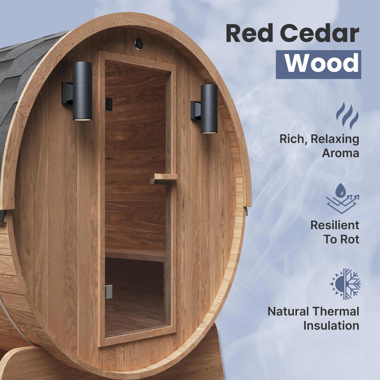 Red Cedar Barrel Sauna with Panoramic Window - 8 kW UL Certified KIP Harvia Heater - 6-8 Person