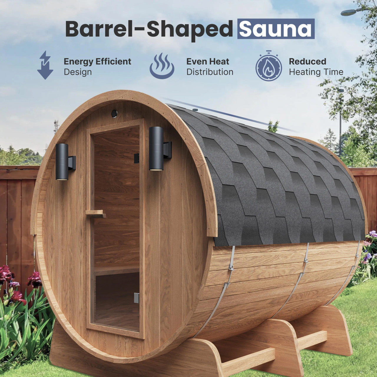 Red Cedar Barrel Sauna with Panoramic Window - 8 kW UL Certified KIP Harvia Heater - 6-8 Person