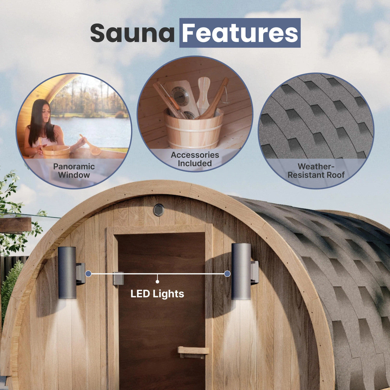 Red Cedar Barrel Sauna with Panoramic Window - 8 kW UL Certified KIP Harvia Heater - 6-8 Person