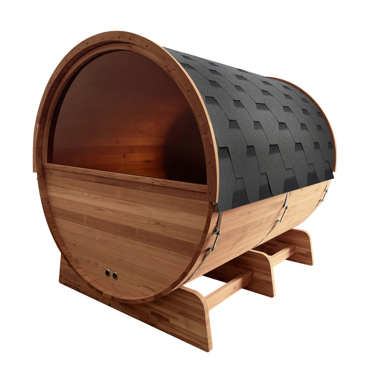 Red Cedar Barrel Sauna with Panoramic Window - 8 kW UL Certified KIP Harvia Heater - 6-8 Person