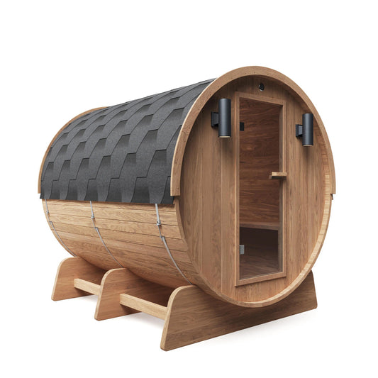 Red Cedar Barrel Sauna with Panoramic Window - 8 kW UL Certified KIP Harvia Heater - 6-8 Person