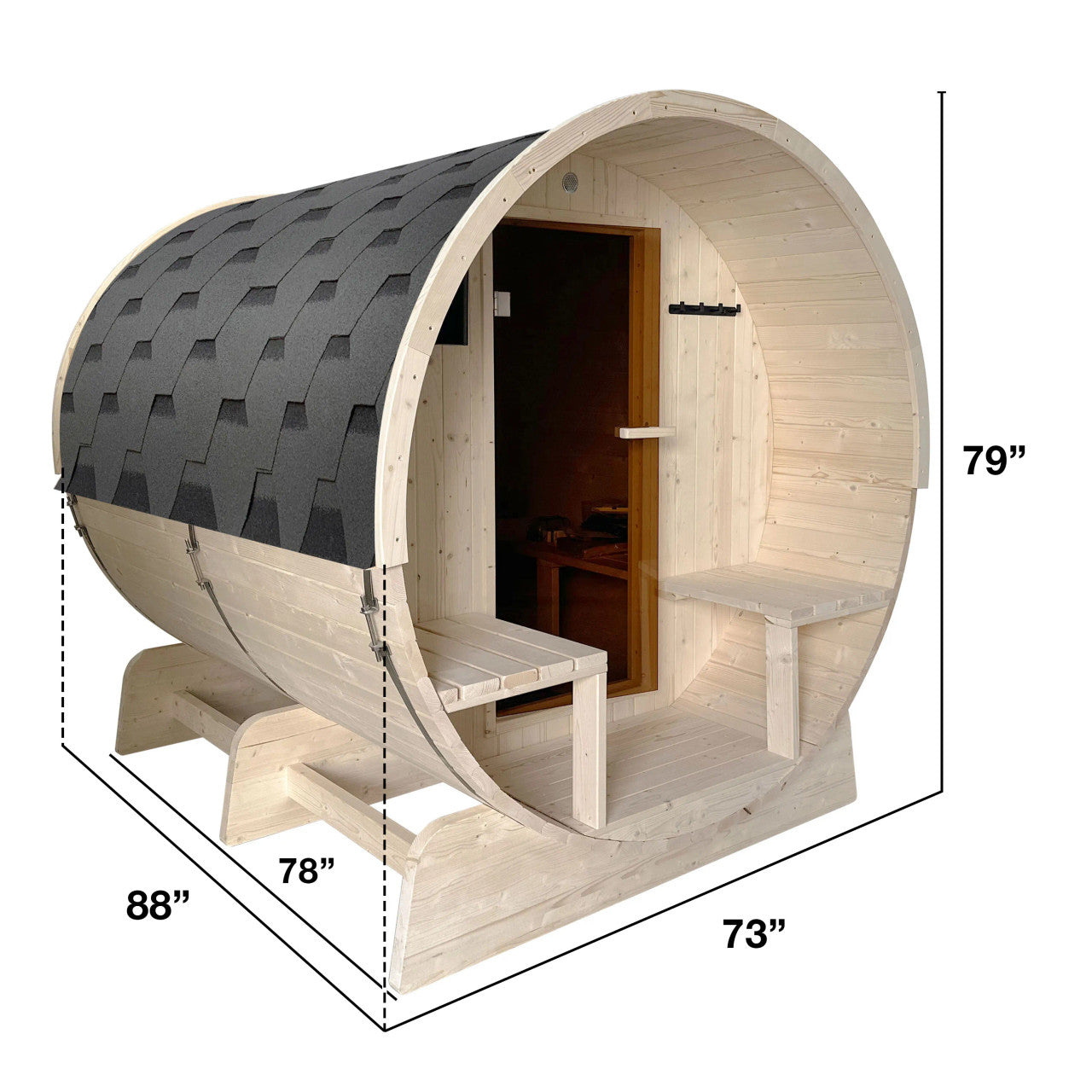 Outdoor or Indoor White Finland Pine Wet Dry Barrel Sauna - Front Porch Canopy - 8 kW UL Certified KIP Harvia Heater - 6-8 Person