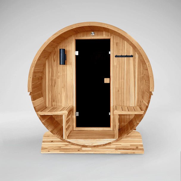Liatris Rustic Cedar Barrel Sauna with Front Porch Canopy - 5 - 6 Person - Core Fitness House