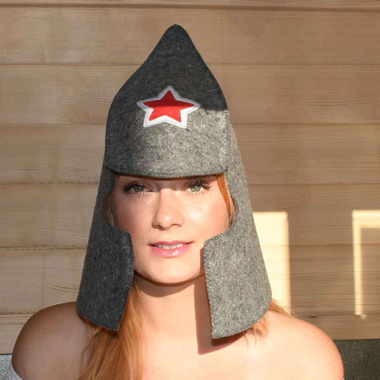 Natural Sheep Wool Traditional Sauna Hat - Unisex - Charcoal with Embroidered Star