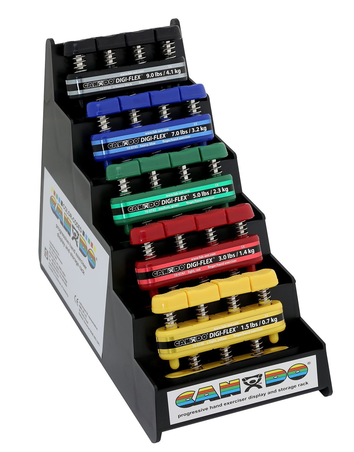 CanDo® Digi-Flex® hand exerciser - set of 5 (yellow, red, green, blue, black), with plastic rack