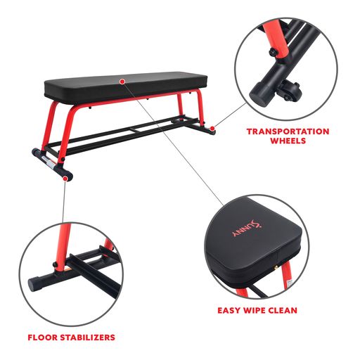 Power Zone Strength Flat Bench with 550 LB Max Weight, Dumbbell Rack and Transport Wheels