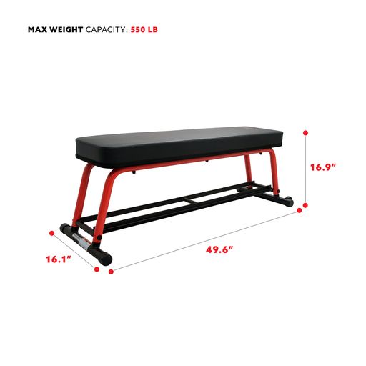 Power Zone Strength Flat Bench with 550 LB Max Weight, Dumbbell Rack and Transport Wheels