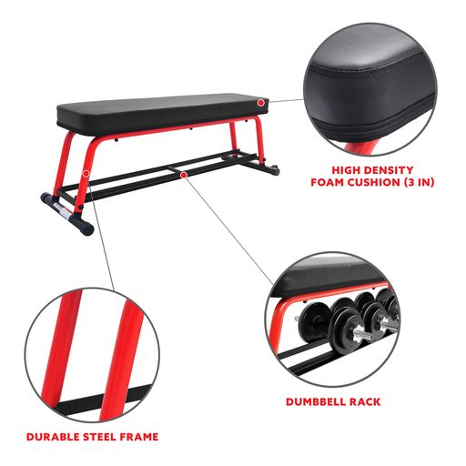 Power Zone Strength Flat Bench with 550 LB Max Weight, Dumbbell Rack and Transport Wheels