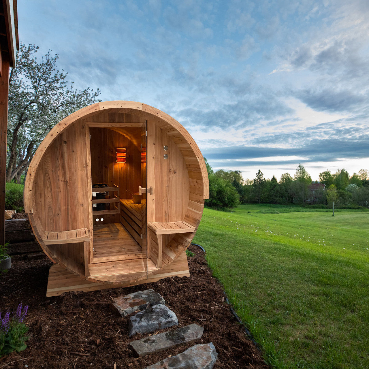 Outdoor Rustic Cedar Barrel Steam Sauna - Front Porch Canopy - UL Certified - 3-4 Person