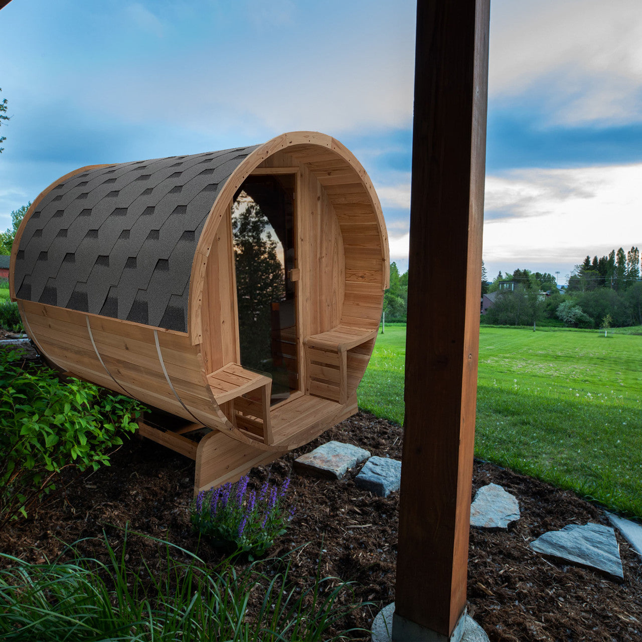 Outdoor Rustic Cedar Barrel Steam Sauna - Front Porch Canopy - UL Certified - 3-4 Person